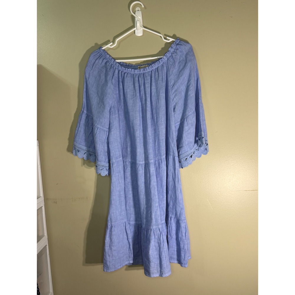 Terzo Millennio Italy Blue Linen Tiered Dress Crochet Lace Bell Sleeve Large